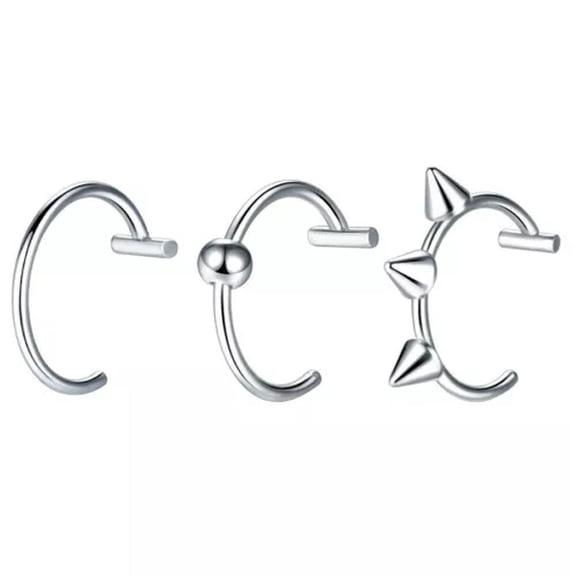K-KED 3pcs T Shaped Stainless Steel Gothic Clip on Non Piercing Lip Nose Ring Hoop-Silver