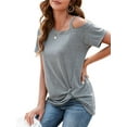 thumbnail image 4 of LELINTA Women's One Cold Shoulder Knotted Skew Neck Short Sleeve T Shirts Dark Grey/ Wine Red/ Black Tee Tunic Tops, 2XL, 4 of 8
