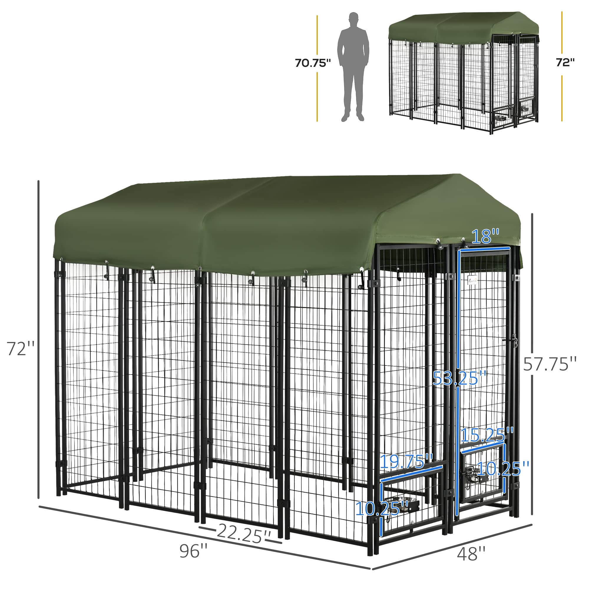 8x4x6 Feet Outdoor Dog Kennel for Small Medium Large Dogs, Heavy Duty Welded Wire Dog Run with 360° Rotating Bowls, Waterproof UV Resistant Cover, Secure Pet Playpen, Green