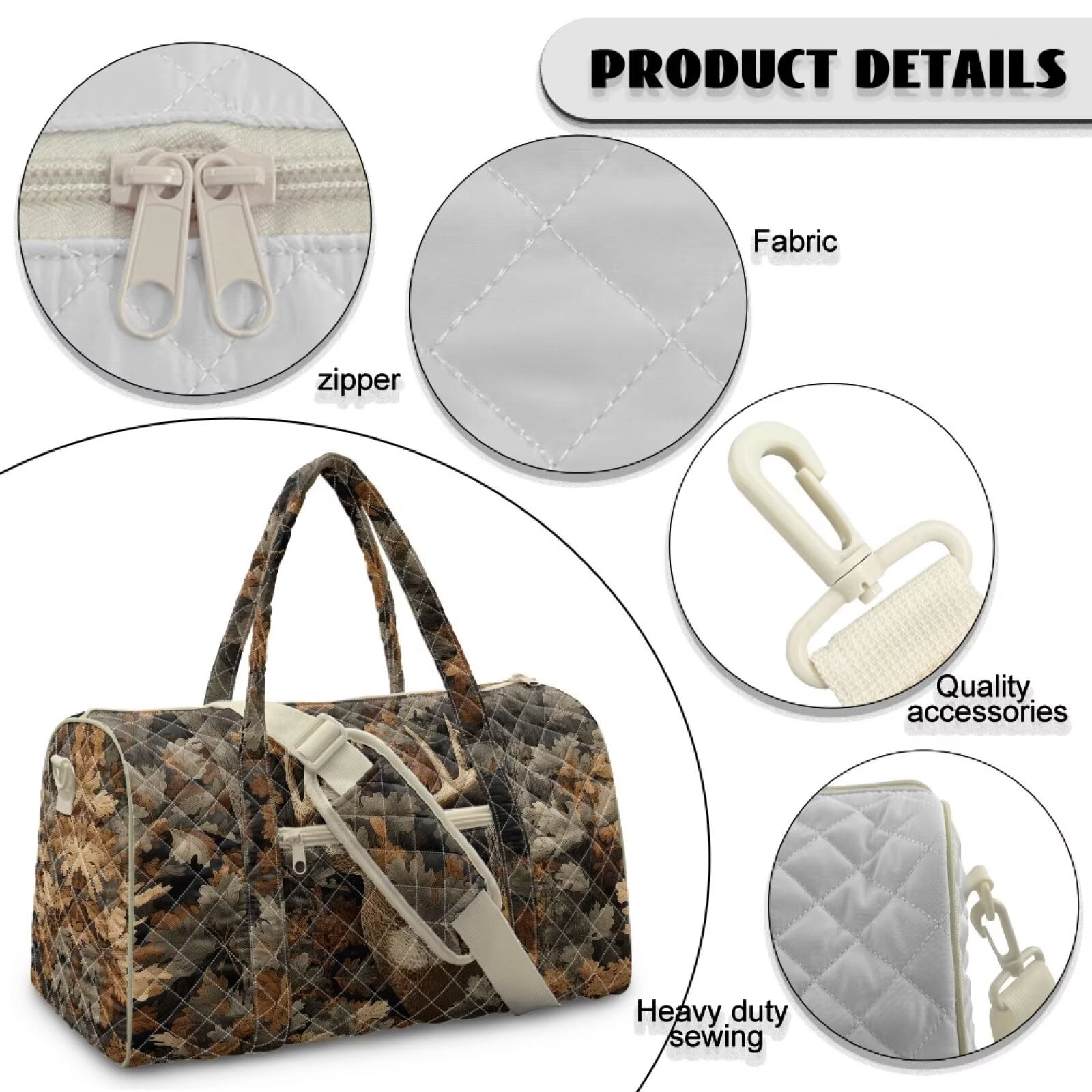Garronmavis Deer Forest Print Large Quilted Duffle Bag for Women, Weekender Travel Bag Carry On Tote with Zipper Pockets, Gym Dance Overnight Bag with Luggage Sleeve