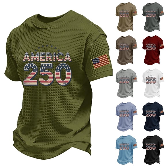 Youpwaven Men's Waffle Knit USA 250th Anniversary Tee, America 250 Years of Freedom Patriotic T-Shirt, Independence Day Celebration Top, Short Sleeve Crew Neck Casual Apparel