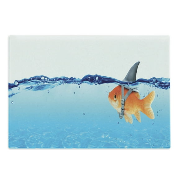 Goldfish Cutting Board, Small Fish with Ambitions of a Big Shark Business Concept, Decorative Tempered Glass Cutting and Serving Board, in 3 Sizes, by Ambesonne
