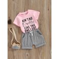 thumbnail image 3 of FEORJGP Kids Baby Girl Daily Summer Outfits Toddler 0-4Y Short Sleeve T-shirt Crew Neck Shirt Letter Print Tops + Rolled Shorts Set Infant Loose Casual 2PcsClothes, 3 of 9