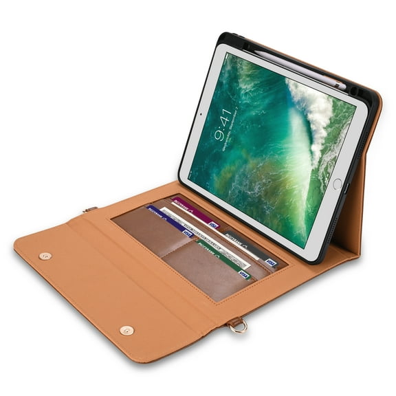 Allytech Handbag Case for iPad 9/8/7 Gen 2021/2020/2019 with Card Slots Zipper Pocket Kicktand Function Crossbody Shoulder Strap Handstrap Phone Bag Case for iPad 10.2 2021/2020/2019,Brown