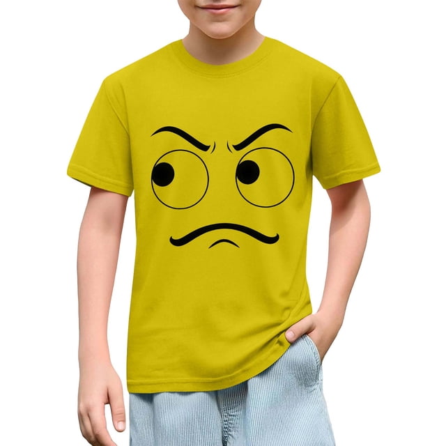 Blusas y camisas de manga corta con cuello redondo para niños y niñas, color liso, con estampado de expresión linda, manga corta, holgadas y cómodas, blusa para niña