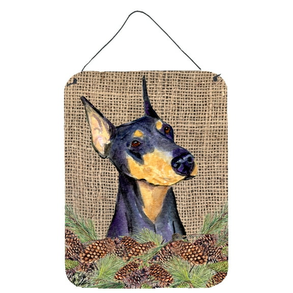 Carolines Treasures SS4085DS1216 Doberman on Faux Burlap with Pine Cones Wall or Door Hanging Prints 12WX16H multicolor
