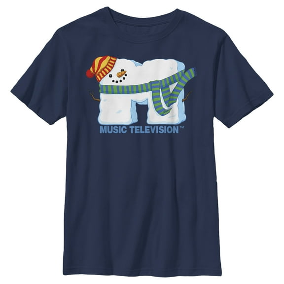 Boy's MTV Christmas Snowman Logo Graphic Tee Navy Blue Large