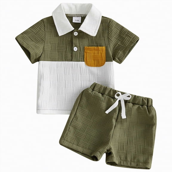 Kaprioy Boys Summer Outfits Boys Clothes Set 6 12 18 24 Months 2T 3T Solid Color Lapel Short Sleeve Single-Breasted Tops Shorts Outfits