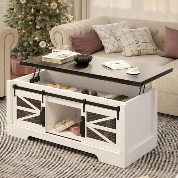 Emorefun Coffee Table with Lifting Top, Farmhouse Center Table W/Sliding Barn Door & Hidden Storage for Living Room, Black/White
