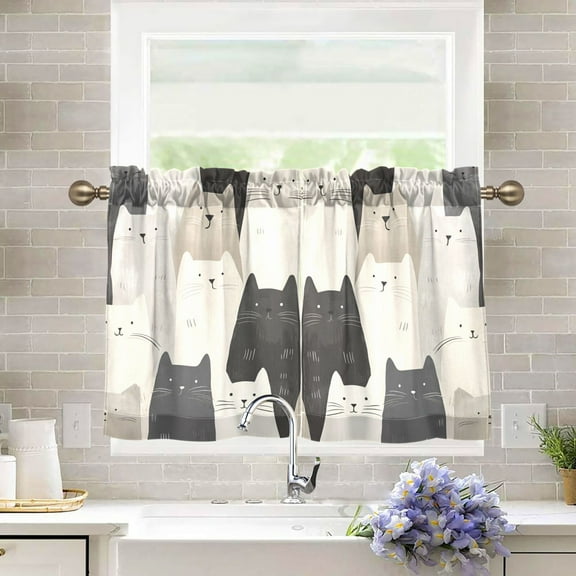 Yayeee Kitchen Curtains Tier Pair Light Filtering 27"x36" Rod Pocket Short Cafe Window Panel, White Cute Cats