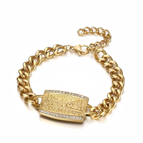 NEGS 18K Gold Plated Lord's Supper Stainless Steel The Last Supper Jesus with His Disciples Adjustable Cuban Link Chain Christian Prayer Bracelet for Men