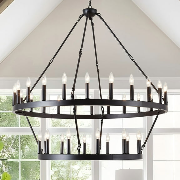2-Tier Black Wagon Wheel Chandelier, 48-Inch Extra Large Farmhouse Light Fixture, 36-Light Industrial Pendant for Dining Room, Kitchen Island, Foyer Entryway