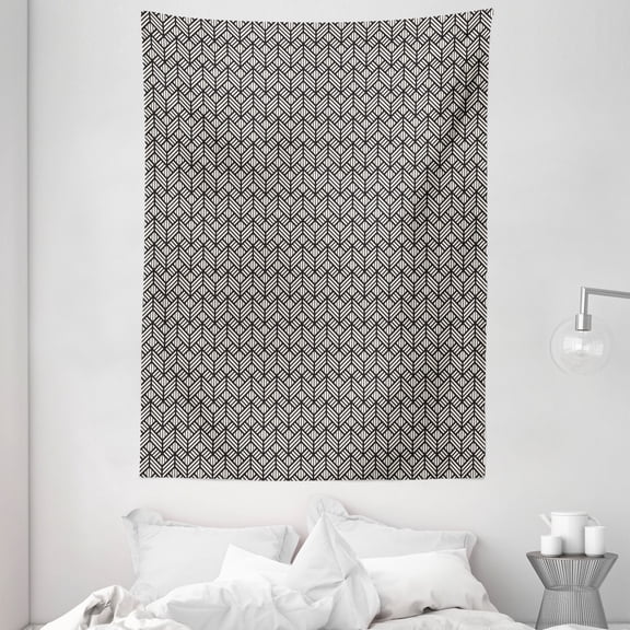 Lattice Tapestry, Repeating Modern Geometric Lattice Ornate Graphic Grid Mesh Tiles Mosaic Print, Wall Hanging for Bedroom Living Room Dorm Decor, 60"W X 80"L, Black and Ivory, by Ambesonne