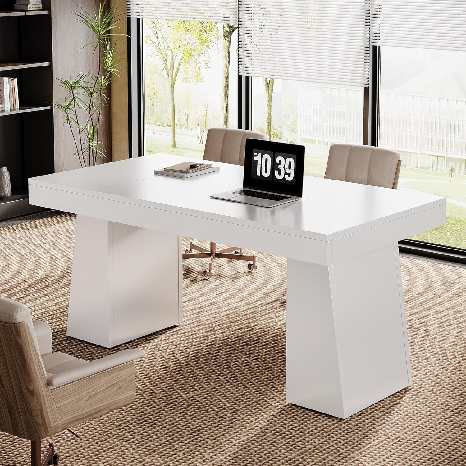 Tribesigns 55 Inches Executive Desk, Mid-Century Modern Home Office Desk with Double Trapezoid Base