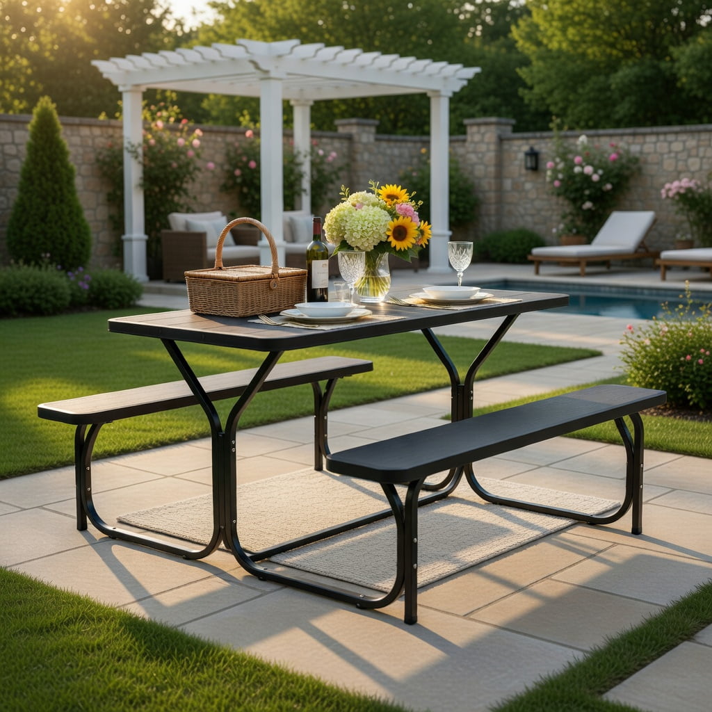 Hommoo Heavy-Duty HDPE Outdoor Picnic Table & Bench Set, Weather-Resistant, Stain-Proof, Black