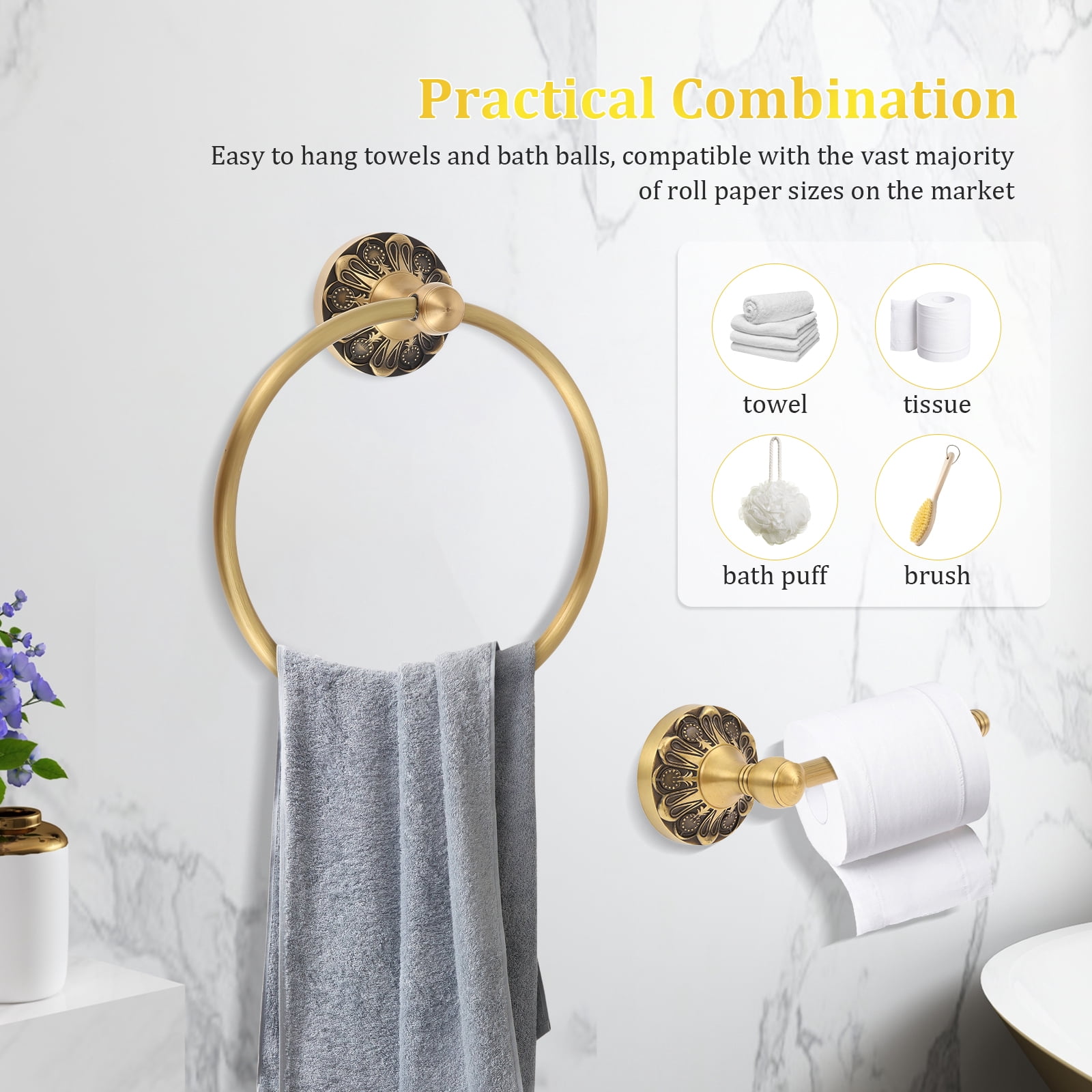 Ikoopy 2 Pieces Set Antique Brass Toilet Paper Holder Retro Brass Hand Towel Ring Tissue Roll Paper Hanger Bathroom Hardware Wall Mounted Vintage Bathroom Accessories