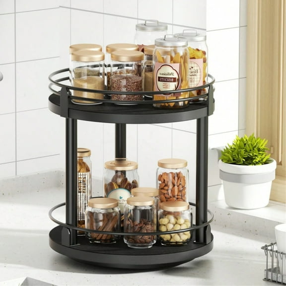 JQDWMDLX Lazy Susan Organizer 2 tier Rotating Spice Racks, Lazy Susan 360 Degree Turntable Spice Holder Rack for Cabinet and Kitchen Countertop,Black