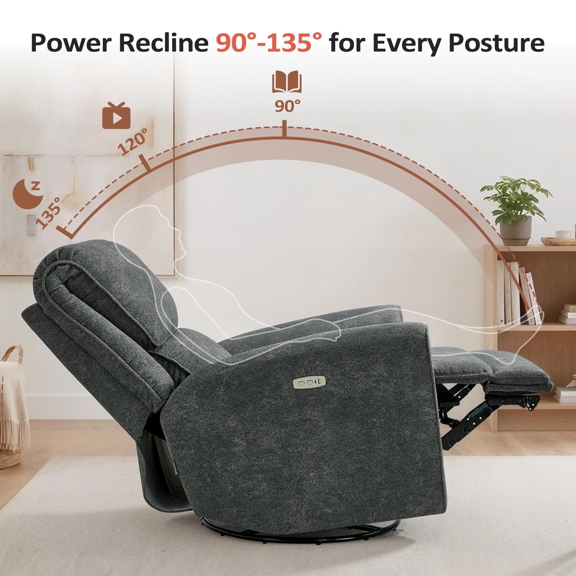 MCombo 400lbs Oversized Swivel Rocker Power Recliner Chair for Big and Tall People, Fabric, Dark Grey