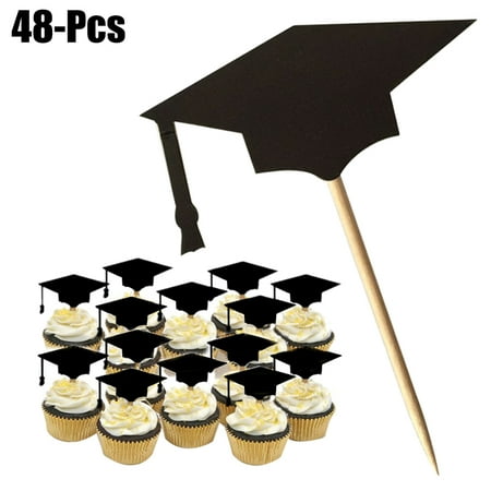 48PCS 2019 Graduation Cake Topper, Justdolife Handmade Black Doctorial Hat Cupcake Desert Topper Birthday Party Decoration Supplies with