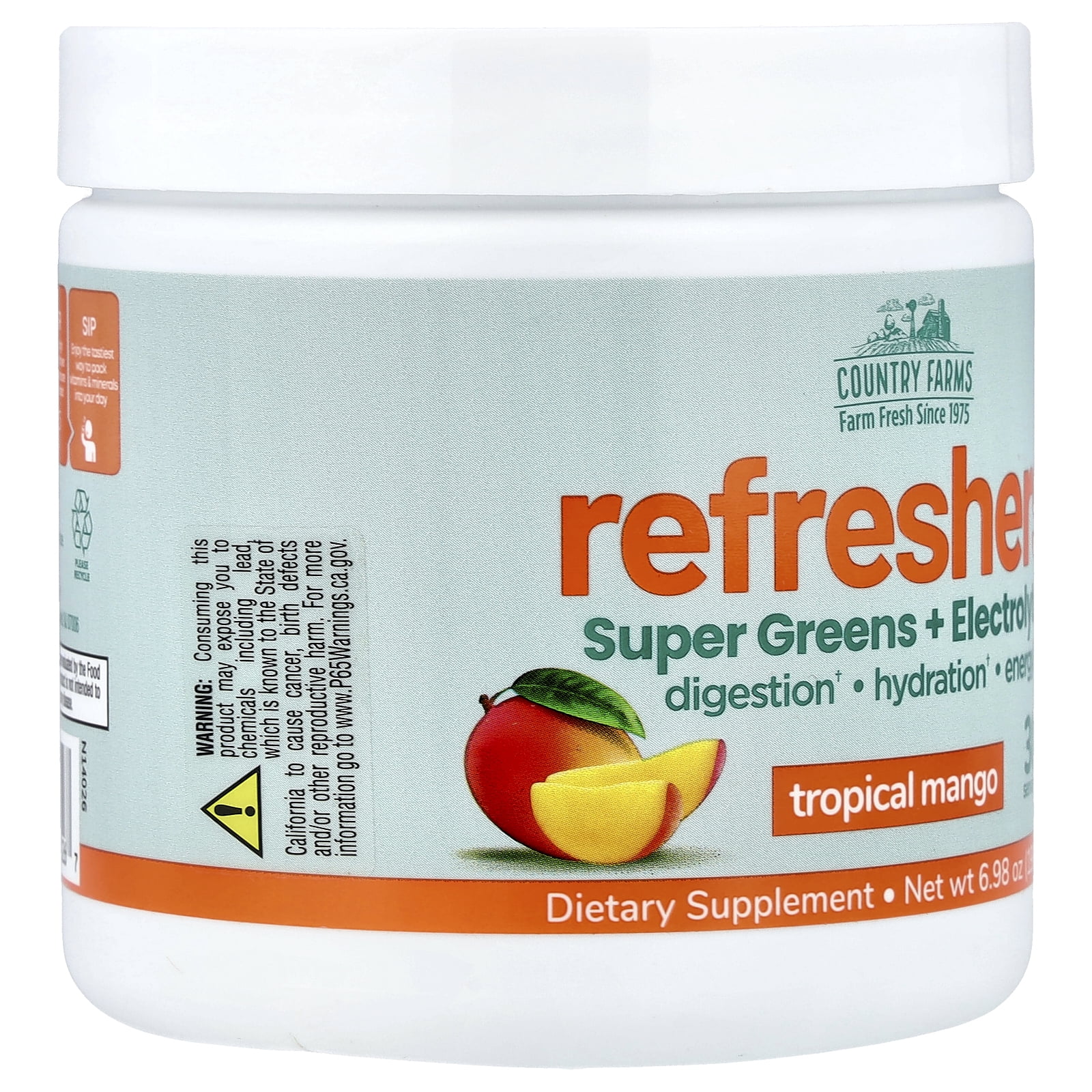 Country Farms Refreshers, Super Greens + Electrolytes, Tropical Mango, 6.98 oz (198 g)