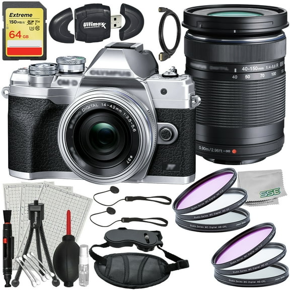 Ultimaxx Essential Olympus E-M10 Mark IV Mirrorless Camera with 14-42mm & 40-150mm Lens Bundle (Silver) - Includes: 64GB Extreme SDXC, 2x 3PC Protective Filter Kits & Much More (30pc Bundle)