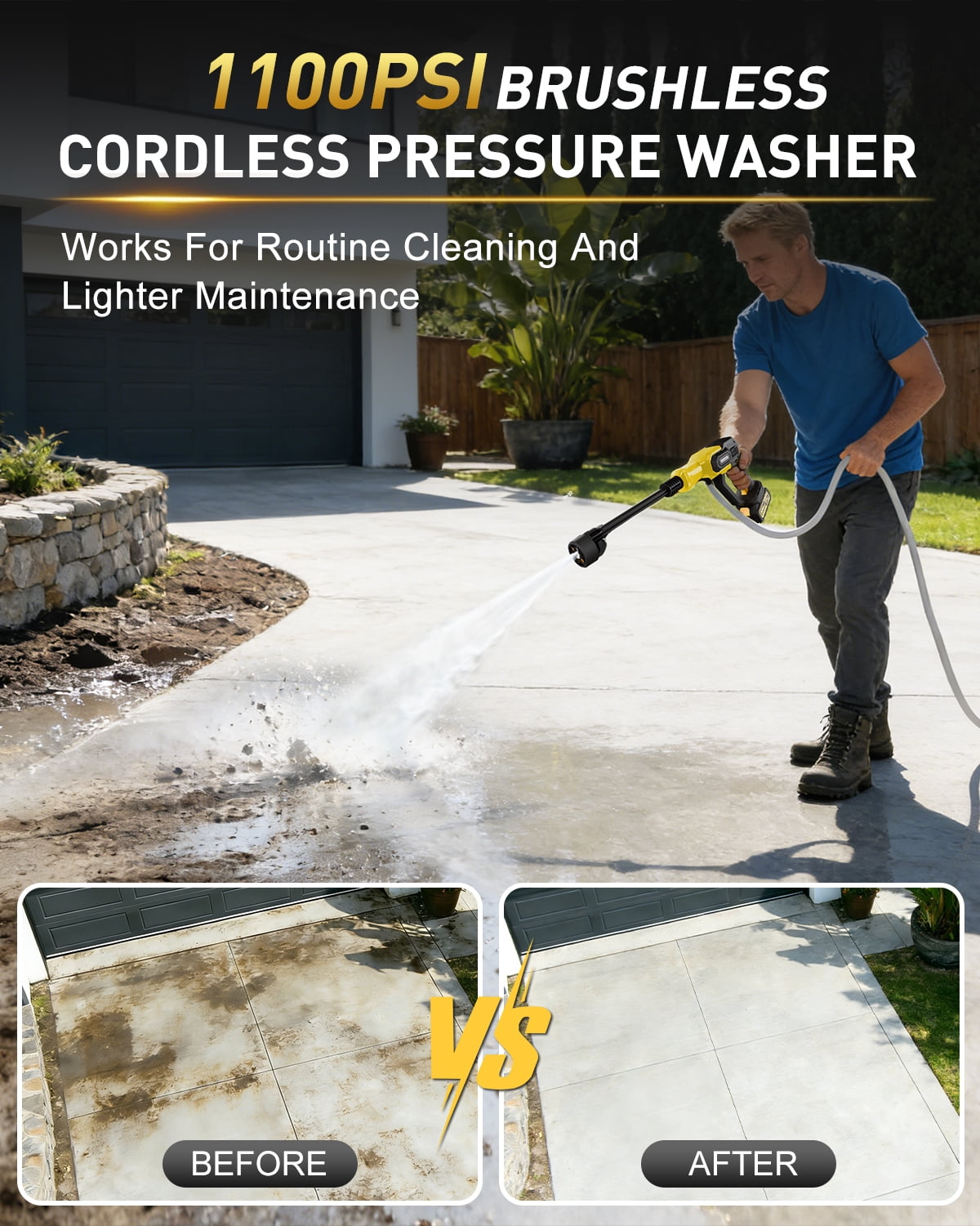 Portable Pressure Washer Cordless 1100PSI - 2 Batteries & Fast Charger, Brushless Motor, 6-in-1 Nozzle, Foam Cannon, 3 Speed Settings Cordless Power Washer for Car, Patio & Outdoor Cleaning