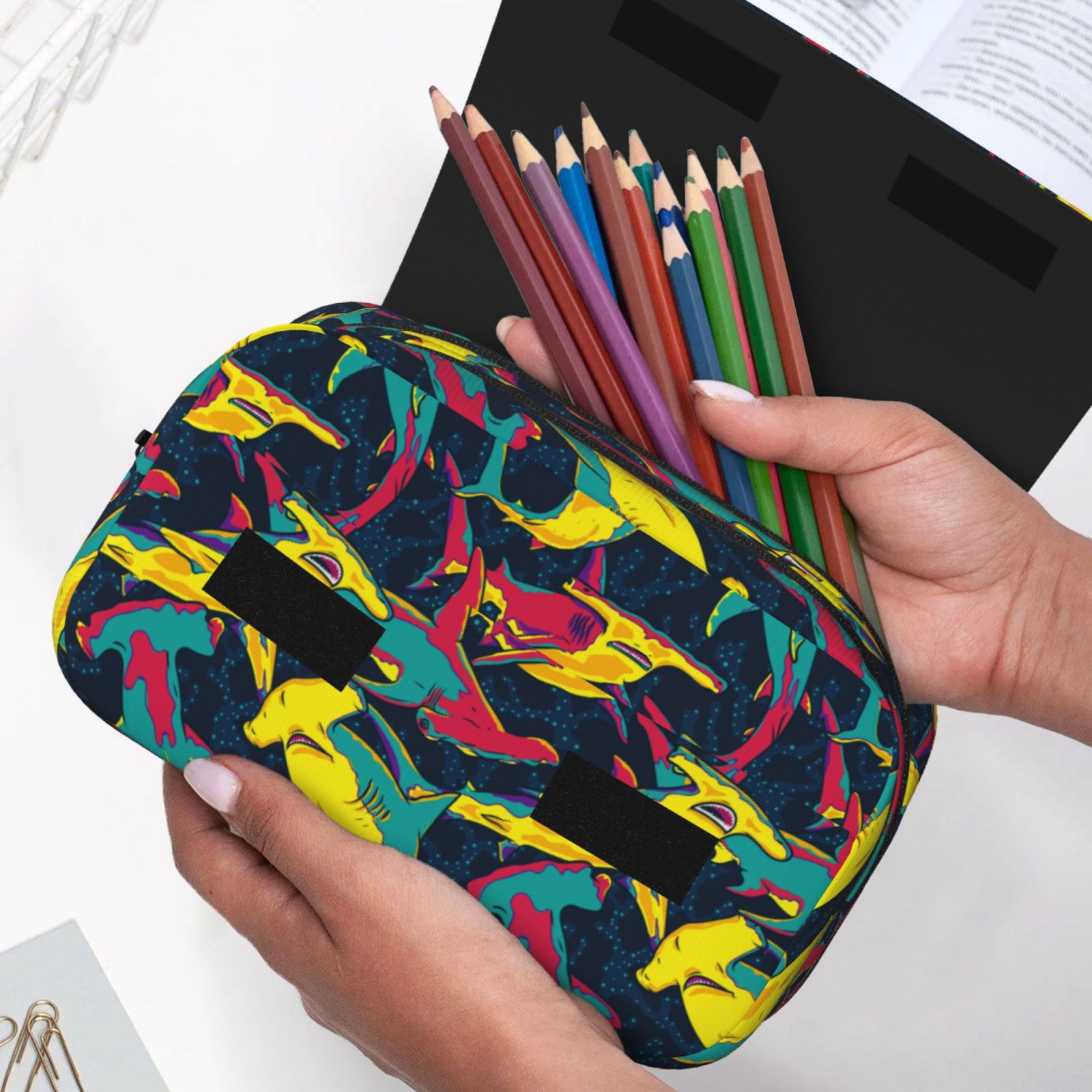 Rateoe Colorful Sharks Pattern Double Clamshell Pen Case, Storage Organizer with Two Zipper Compartments– Holds Up to 50 Pencils & Pens
