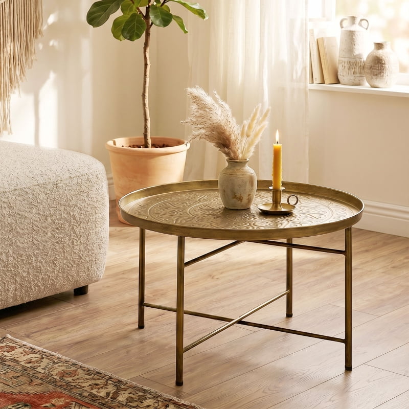 Alvantor Round Coffee Table with Hammered Tray Top & Metal Frame 24"x24"x15.7" Gold