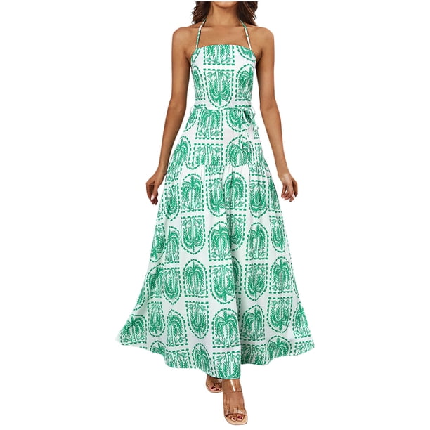 Tops de Tubo Largo para las Mujeres Moda Impresión Suspendentes Encaje Vestido sin Espalda, Vestido de Detalle de Encaje de Cintura para Fiesta, Noche Y Eventos Especiales