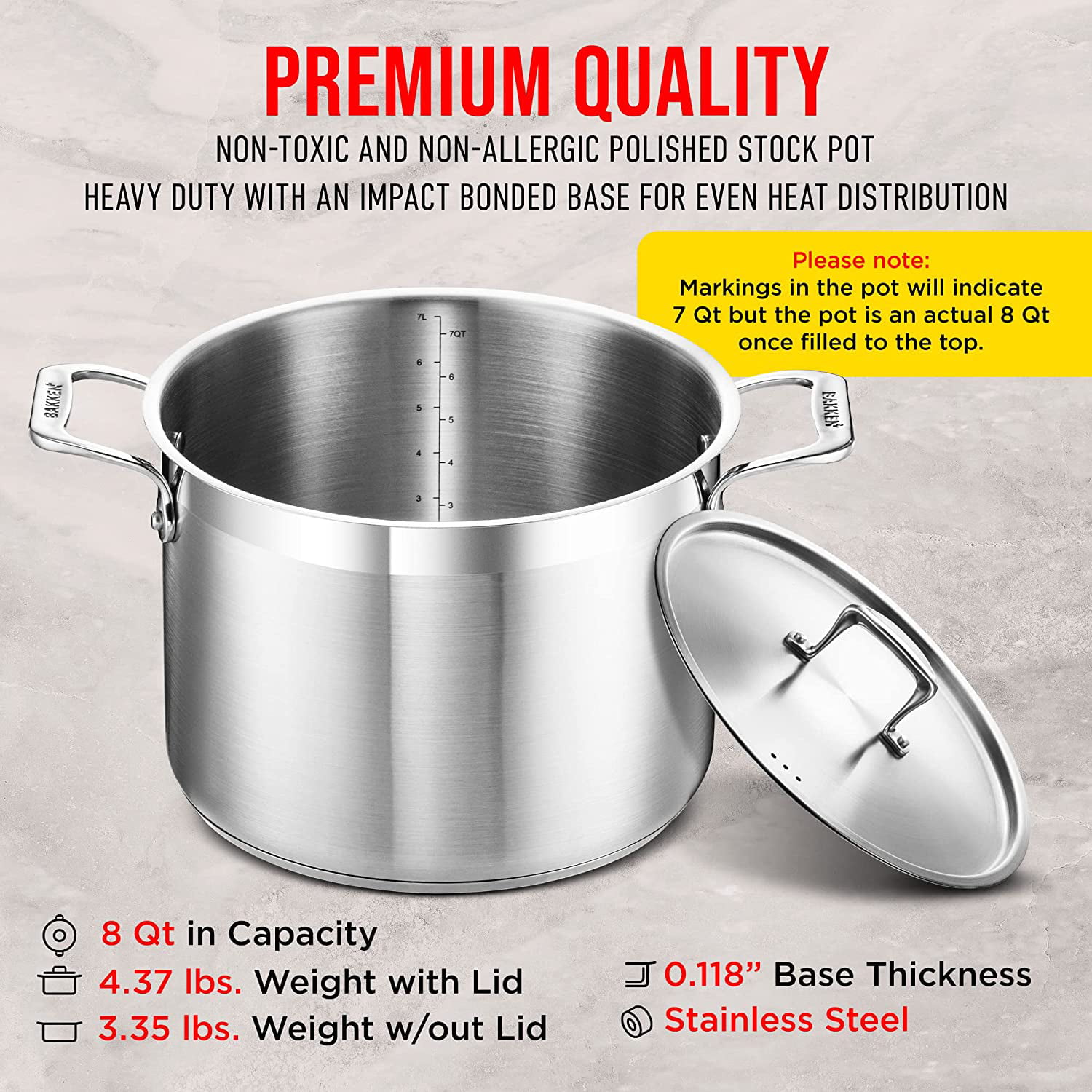 Bakken- Swiss Stockpot 12 Quart Brushed Stainless Steel Heavy Duty Induction Pot with Lid and Riveted Handles for Soup Seafood Stock Canning and F