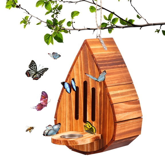 Wooden Butterfly House for Outside Teardrop Hanging Insect Shelter with Feeding Bowl Cleaning Brush Natural Wood Garden Decor for Pollinators and Backyard Nature Observation