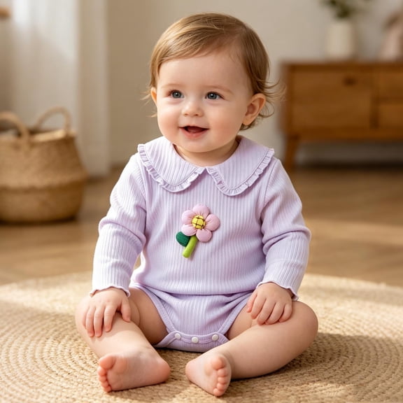 LEKWK Baby Girl Bodysuit 3D Floral Ruffle Long Sleeve Peter Pan Frill Neck Romper Newborn Infant Cute Onesie Fall Sleep Daily Crawling Loungewear 0-18M