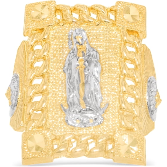 Floreo 10k Yellow Gold 26.9mm Two-Tone Mother Virgin Saint Mary Cuban Link Ring, Size 9.5