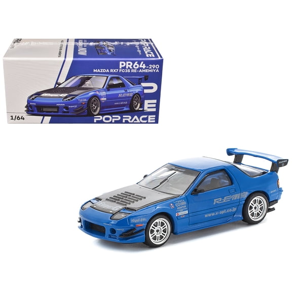 Mazda RX7 (FC3S) RE Amemiya RHD (Right Hand Drive) Blue Metallic with Carbon Hood 1/64 Diecast Model Car by Pop Race