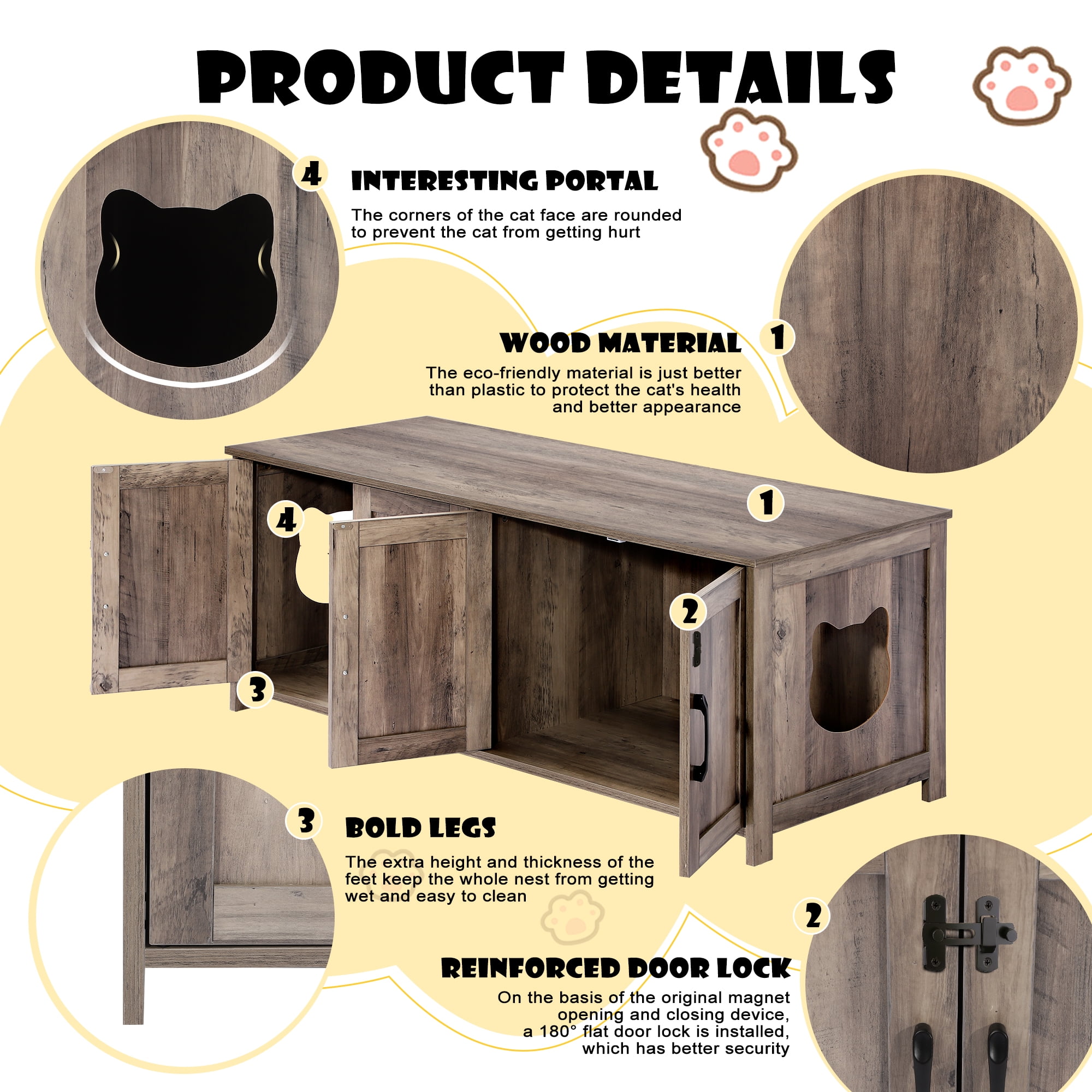 Haverchair Cat Litter Box Enclosure for 2 Cats - Litter Box Furniture Hidden with Lockable Door,Wooden Cat Washroom Furniture with Double Room,Cat House,Hideaway Litter Box,Greige