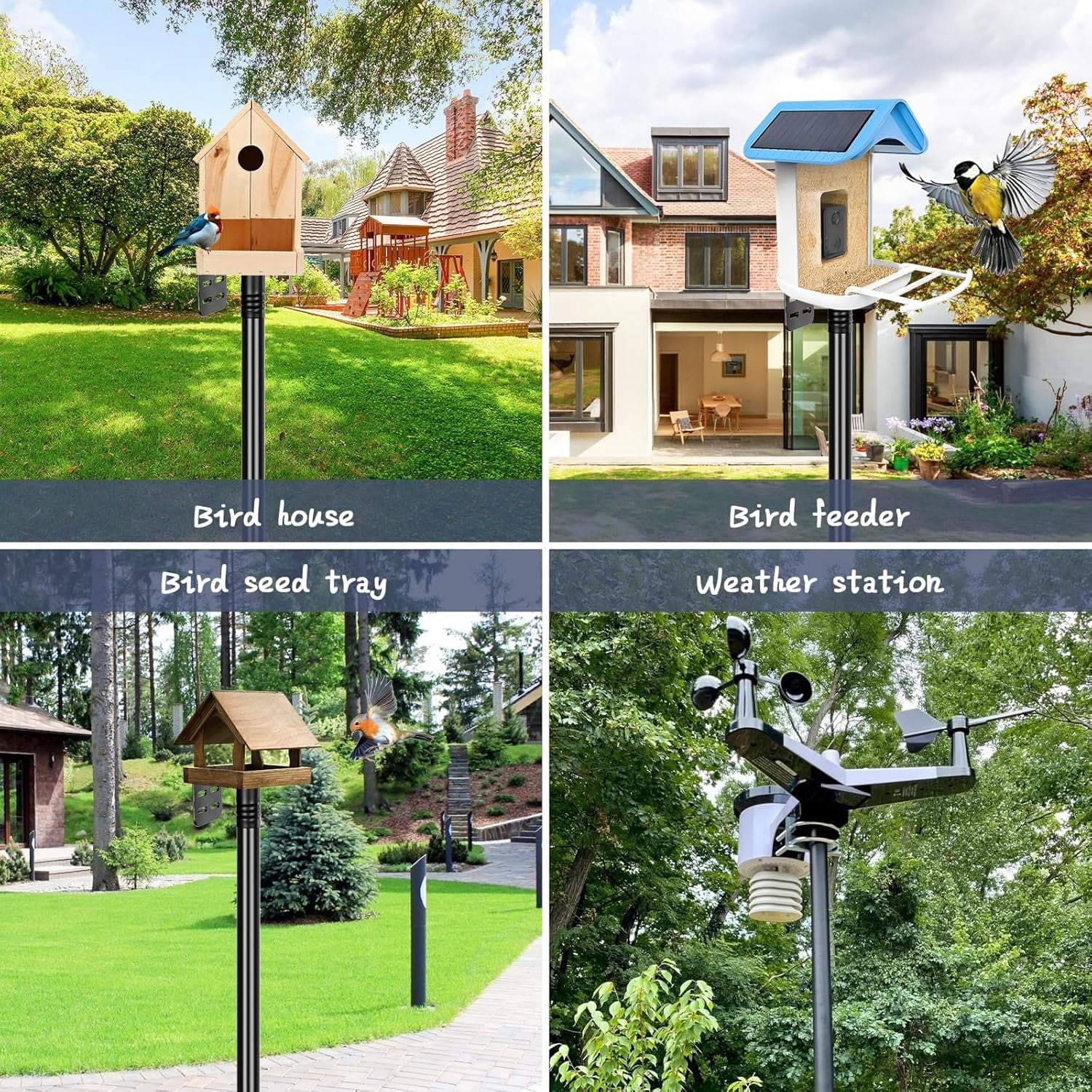 Smart Bird Feeder Pole 1-Inch Dia 63 Inch Bluebird House Pole for Outdoors Weather Station Heavy Duty Metal Mounting Kit Adjustable Bird Feeder Stand Black
