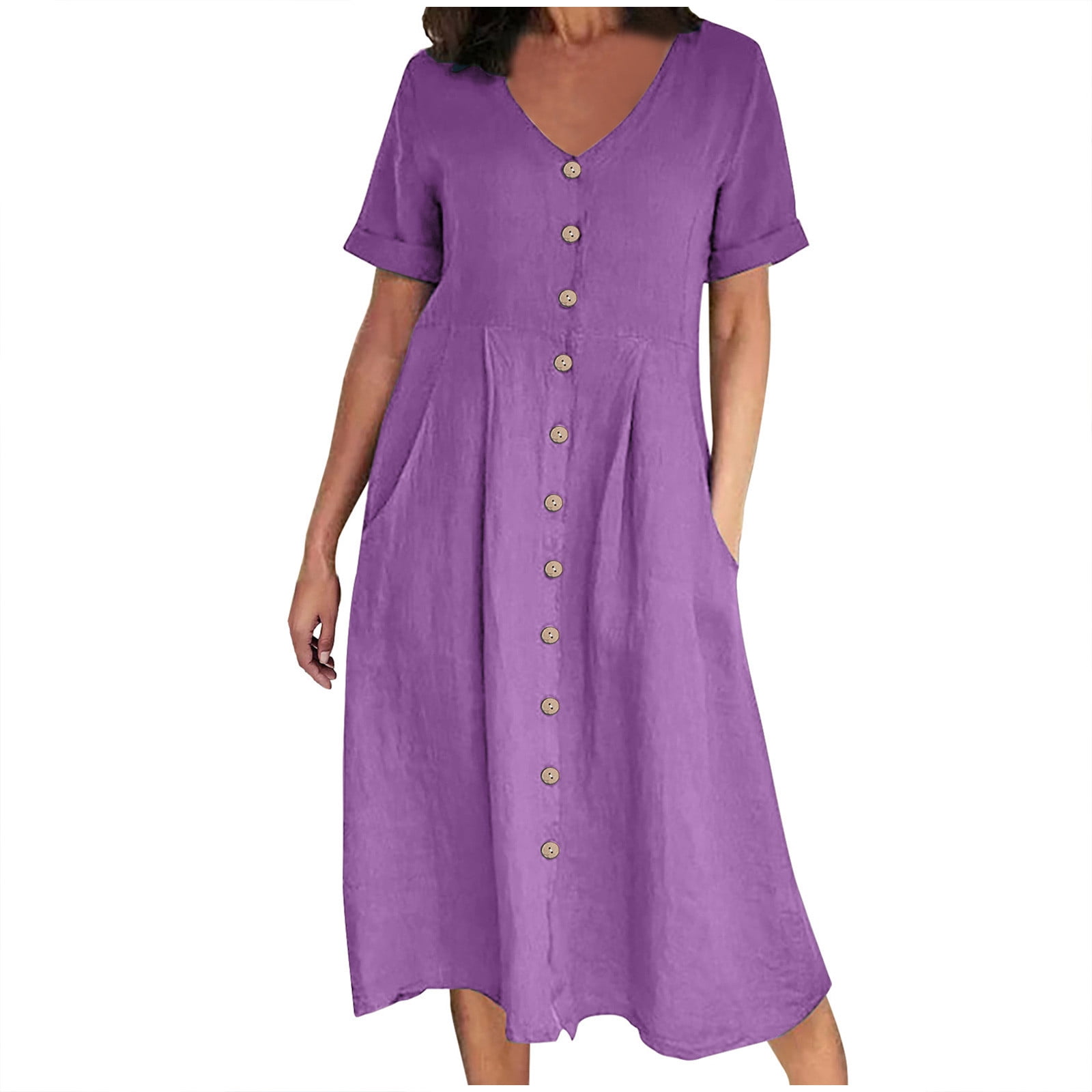 Cotton Linen Dress for Women V Neck Button Down Short Sleeve Sundress ...