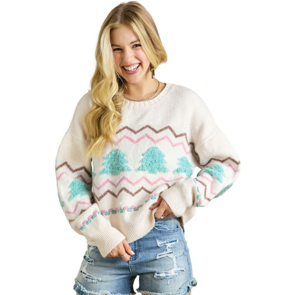 Women's White Striped Christmas Tree Drop Shoulder Sweater with Ribbed Trim | [ZhiHiMeRi] | (US 12-14)L