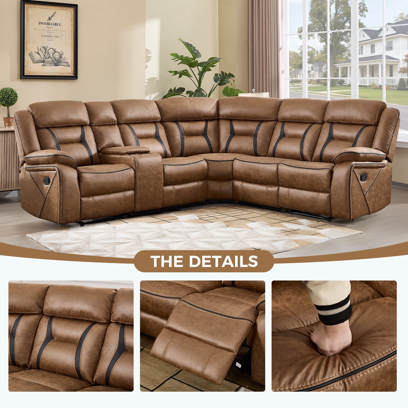 Bonzy Home 5‑Seat Reclining Chair Sofa with Center Console, Hidden Storage & Cup Holders Couch for Living Room & Meeting Room