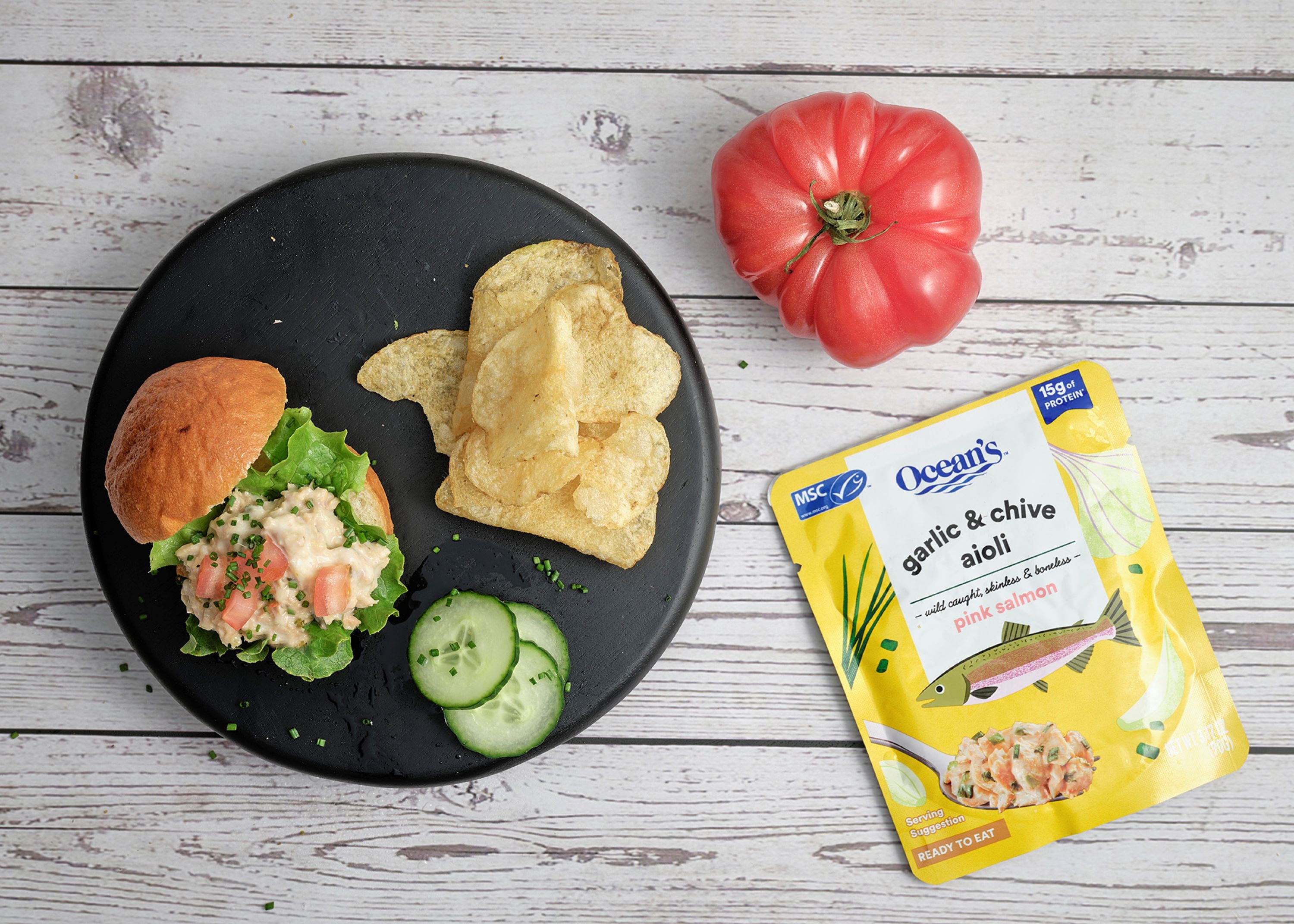 (3 pack) Ocean's Wild Alaskan Pink Salmon, Garlic & Chive Aioli, 15g Protein, Shelf-Stable, 3.17 oz Pouch
