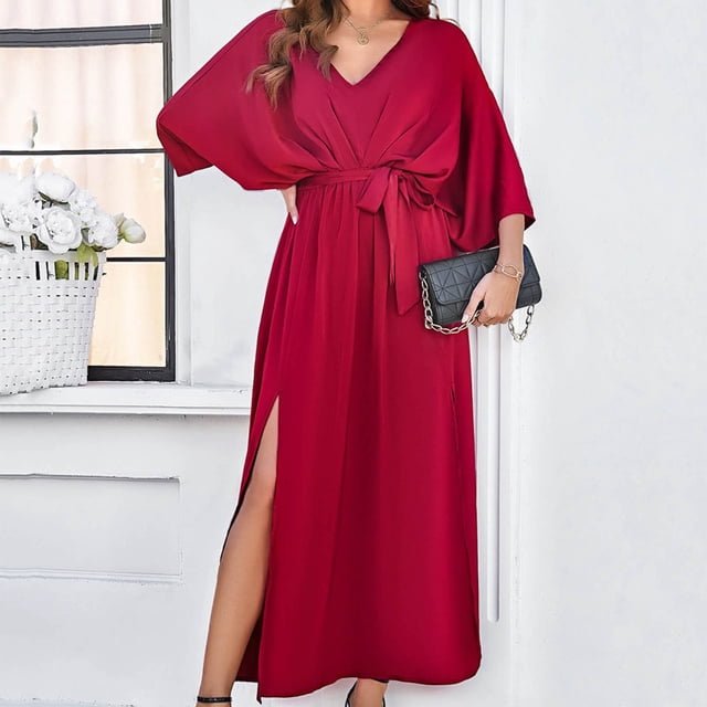 iTNHFP Robes Femmes Manches Longues Formel Femmes Couleur Unie Tempérament Ajusté Col en V Robe Moulante Formelle Invitée de Mariage Robes Midi