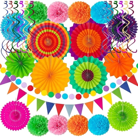 Party Decorations Fiesta Decorations Multi-Color Paper Fans Garlands Pennant Pom Poms Hanging Swirls For Birthday Wedding Rainbow Mexican Party