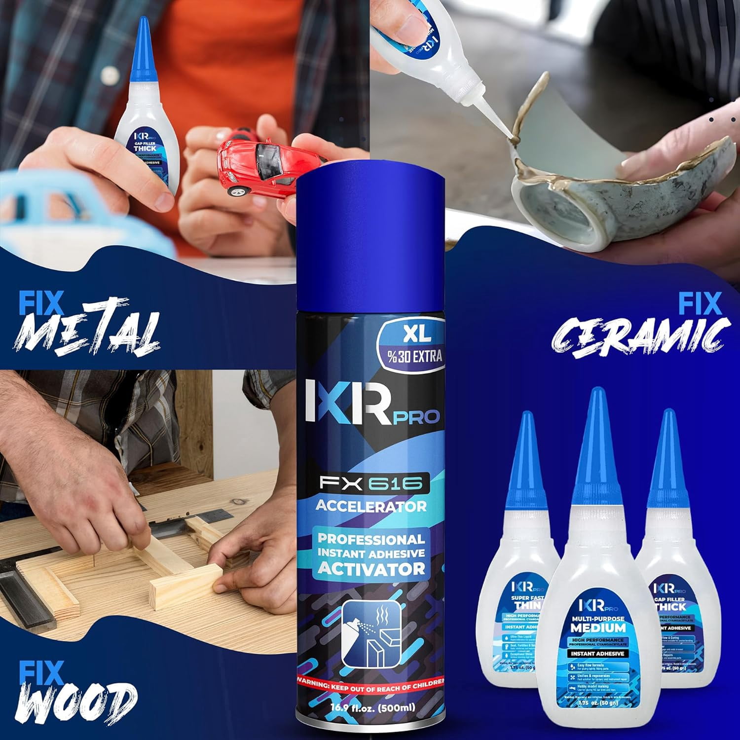 Ixirpro CA Glue & Accelerator Kit - 36 x 1.75 oz (Thin, Medium, Thick) + 16.9 oz Fast Drying&nbsp;Accelerator