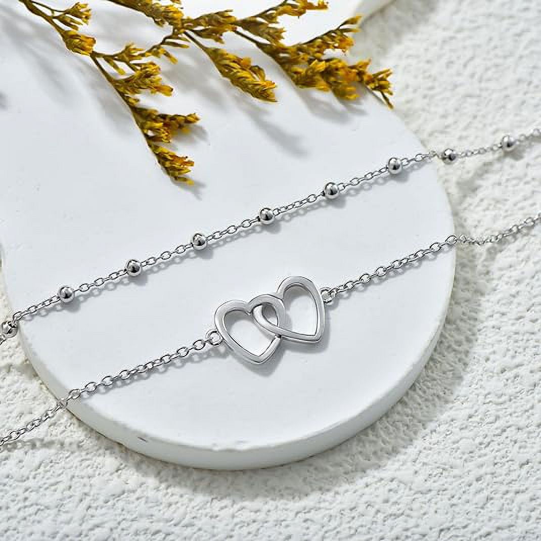 SOULMEET Sterling Silver Heart&Heart Lab Grown Silver Anklets, 9 in Rosary Chain, Includes Gift Box