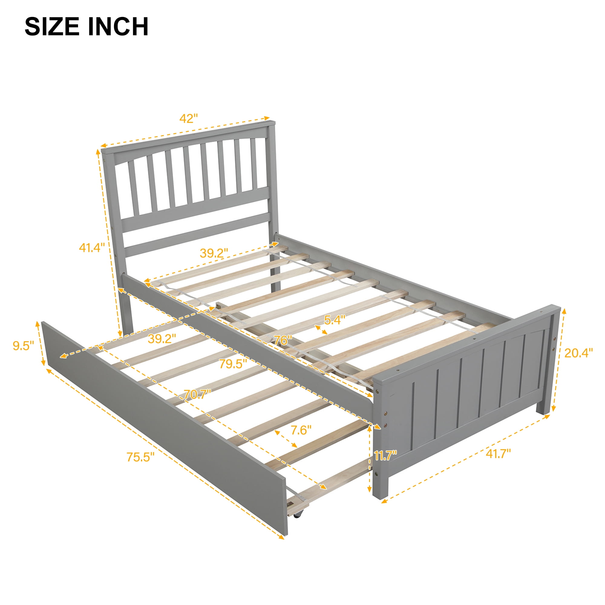 Holaki Wood Twin Size Bed with Trundle for Kids, Gray