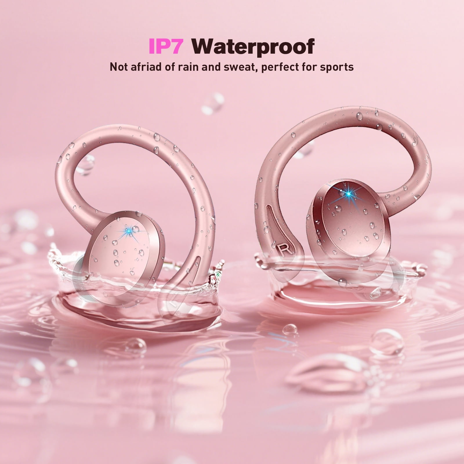 Wireless Earbuds Bluetooth Headphones - ETEPPEHI Bluetooth 5.3 Stereo Ear Buds with Earhooks, ENC Noise Cancelling Mic, IP7 Waterproof Earphone for Workout/Running, Pink