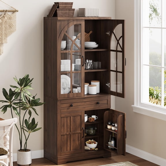 Garvee Farmhouse Pantry Cabinet, 71.9" Tall Freestanding Kitchen Cabinet with Tempered Glass Doors& Anti-Tip Design for Kitchen, Dining Room & Living Room,Retro Brown