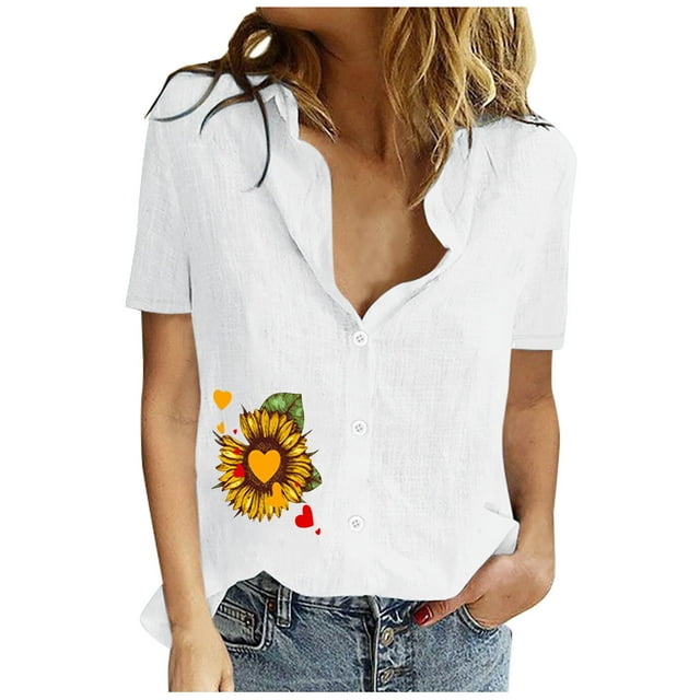 Birdeem Chemise à Manches Courtes Imprimée pour Femmes, Col Rabattu, Boutons, Blouse Ample Unie