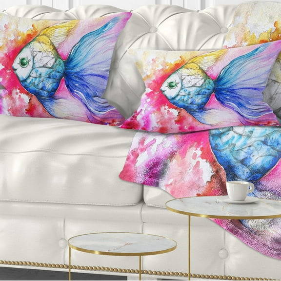 Designart Blue Fish on Red Background - Animal Throw Pillow - 12x20