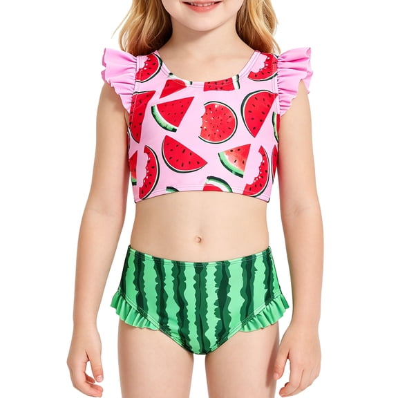 Lanbubble Girls Ruffle Tankini Swimsuit High Waisted 2 Piece Bathing Suit Beach Swimwear For Toddler Girl 5-6 Years